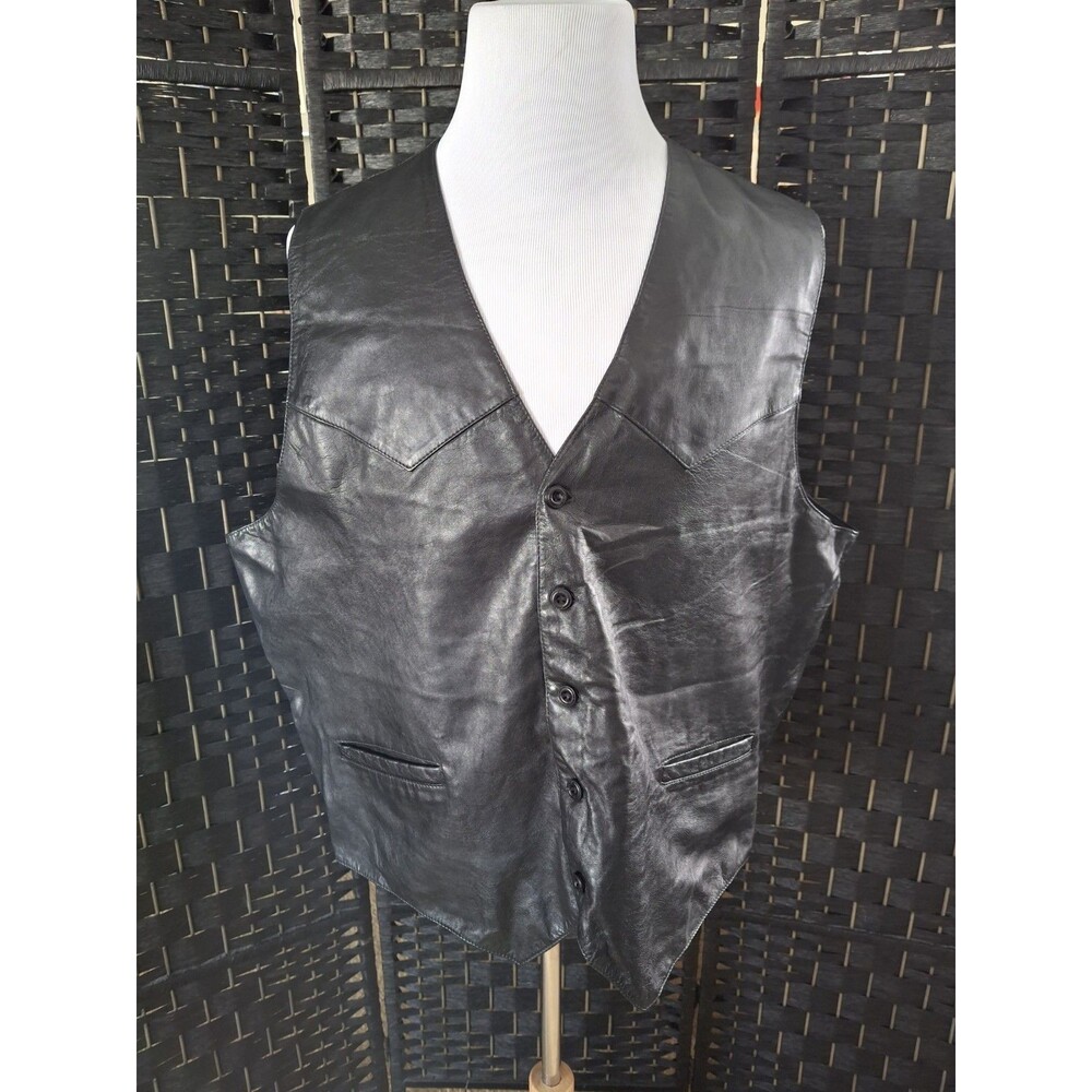Vintage Leather Vest Mens 2XL Black Western Biker Streetwear Five Button